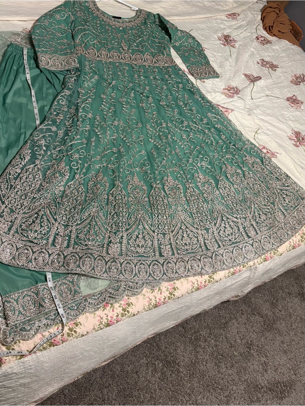 Green Embellished Long-Sleeve Formal Dress